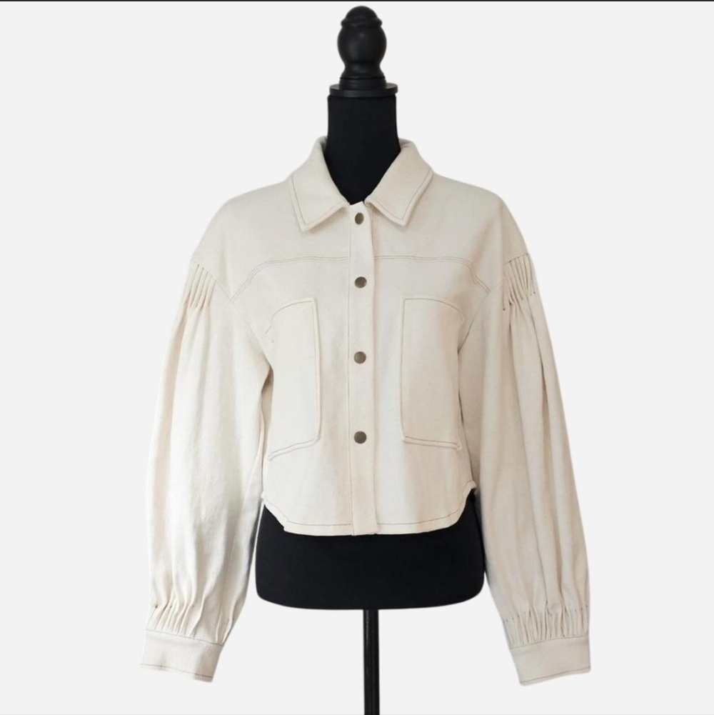 7 FOR ALL MANKIND Size L Women’s Cream‎ Long-sleeve Cropped Cotton Jacket